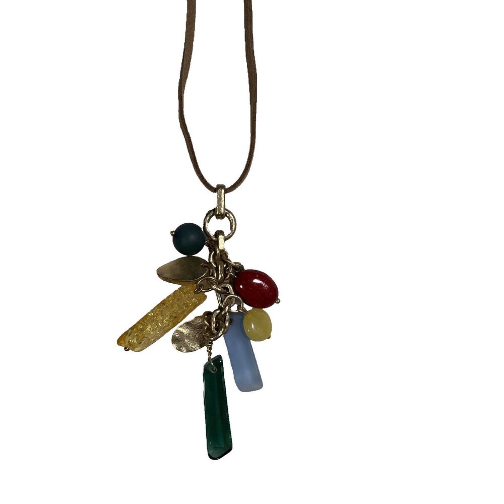 Chicos Necklace Colorful Dangle Brown Faux Suede Cord Boho Abstract Artsy NWT